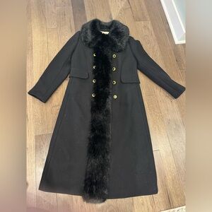 Tory Burch Celeste Long Black Coat wool-blend, faux fur collar and gold buttons